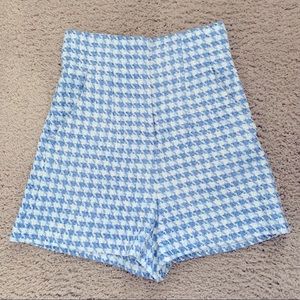 Zara Houndstooth High Waist Shorts in blue